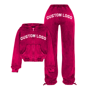 Custom Manufacturer Oversized French Terry Acid Wash Distressed Embroidered <b>Zip</b> <b>up</b> <b>Cropped</b> Hoodie Women Two Piece Tracksuit Set - Product Image 1