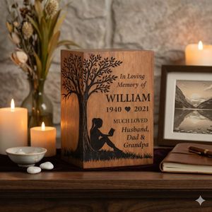 Custom Wooden <b>Memorial</b> Urn Engraved Tree Design Natural Wood Finish 200 Cubic Inch Adult Commemoration <b>Keepsake</b> Box - Product Image 4