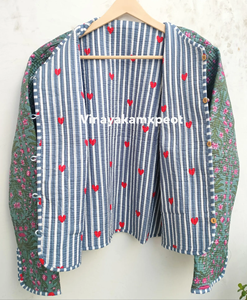 Veste matelassée réversible rose tropicale Kantha, confectionnée en tissu 100% coton doux, respirant et écologique, broderie hivernale - Product Image 5