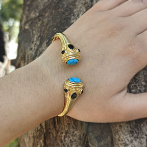 Boho fashion jewelry blue turquoise <b>stone</b> open cuff <b>bracelet</b> with tiny black quartz 18k gold plated designer party wear bangle - Product Image 2