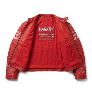 Blouson moto en cuir rouge avec impression par transfert thermique et motifs de patchs, col montant, fermeture éclair, pour homme - Product Image 5