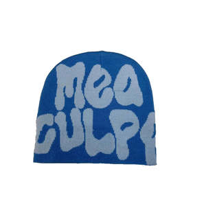 Bonnet unisexe en tricot jacquard à motif lettres blanc et bleu, style urbain, pour adulte, idéal pour l'hiver et les tenues décontractées - Product Image 3