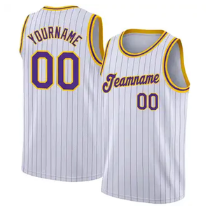 Maillot de basketball personnalisé en mesh 160g 100% polyester blanc à rayures jaunes, imprimé numériquement, taille élastique, unisexe, sans manches - Product Image 1