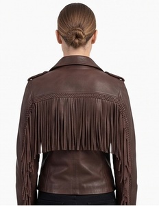 Wholesale Women Fringe <b>Tweed</b> <b>Jacket</b> Vintage <b>Brown</b> Western Cowgirl Biker Heated Windproof Genuine Tassel Motorcycle Coat - Product Image 4