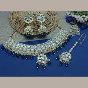 Gold Plated <b>Kundan</b> Stone Choker Necklace Set 10581251BLU Exquisite Fine <b>Jewelry</b> Set - Product Image 1