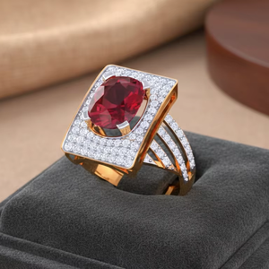 Bague en or et rubis exquise, design géométrique rectangulaire avec halo, bijoux de mode pour mariage et soirée pour femmes - Product Image 4