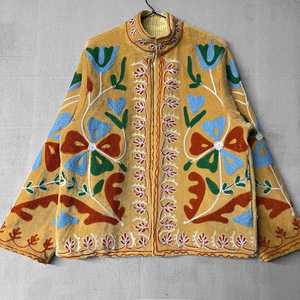Velvet Woven Floral Embroidery Suzani Dress Mandarin Collar <b>Boho</b> Style Long Sleeve Loose Fit Handmade Natural Summer Autumn Wear - Product Image 1