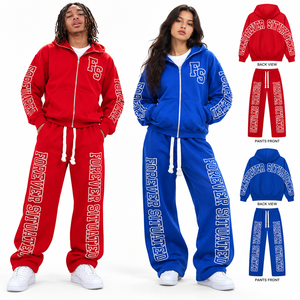 Conjunto Deportivo Unisex de 2 Piezas, Estilo Urbano, Rojo y Azul, con Capucha, Cierre de Cremallera, Pantalones Largos con Estampado de Letras, Corte Holgado, de Algodón - Product Image 1