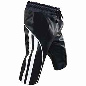 Shorts cargo en cuir noir faits à la main : Gym et streetwear avec détails rayés - Product Image 1