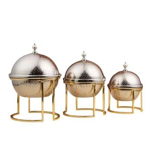 Hammered Silver and Gold Chafing Dishes Spherical Stainless Steel <b>Buffet</b> <b>Warmer</b> with Modern Tripod Stand for Catering - Product Image 1