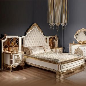 Offre Spéciale : Ensemble de Chambre Emma Luxe Classique Blanc et Or pour Hôtel – Cadre de Lit Capitonnée avec Tête de Lit Haute et Sculptée en Bois - Product Image 3