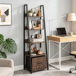 5-Tier Narrow <b>Ladder</b> <b>Shelf</b> with Fabric Drawer Anti-Tip Device Wooden Metal <b>Industrial</b> Bookshelf - Product Image 5