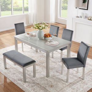 Juego de Comedor Rectangular de Madera de 6 Piezas con Sillas Tapizadas y Banco para 4 Personas, Muebles Elegantes para Comedor - Product Image 1