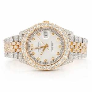 Montre en acier inoxydable avec lunette en diamant doré, cadran vert, mouvement à quartz de luxe, chronographe, résistante à l'eau 3BAR, bracelet Jubilee - Product Image 1