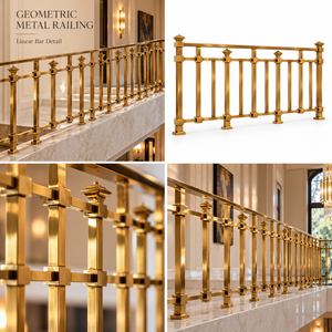 Barandilla Arquitectónica de Bronce con Conectores de Bloque Cuadrado, Barras Metálicas Lineales y Balaustrada Geométrica para Escaleras - Product Image 5