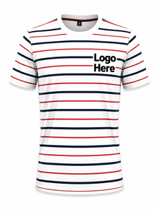 T-shirt à manches courtes rayé pour homme, 100% coton, col rond, coupe classique, décontracté, respirant, logo imprimé sur le devant - Product Image 2