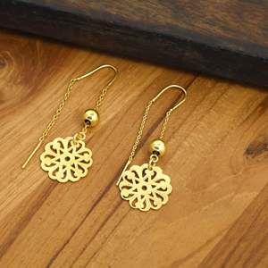 <b>Gold</b> Plated Brass Ethnic Floral Threader Drop <b>Earrings</b> for Unisex | Filigree Flower Chain <b>Dangle</b> Party <b>Earrings</b> - Product Image 3