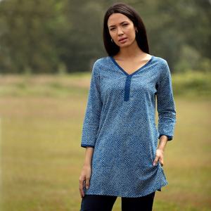 VENTE Haut long Kurta toutes tailles Style 2 Bleu français à pois Design 100% léger Col en V Manches longues Haut décontracté pour femmes - Product Image 4