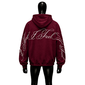 Sweat-shirt à capuche zippé brodé bordeaux de qualité supérieure, 100 % coton respirant, coupe oversize confortable, style urbain décontracté - Product Image 2