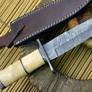 Couteau de chasse Bowie DIY OEM avec acier Damas et manche en bois et étui en cuir - Couteau de chasse d'extérieur - Product Image 2