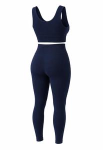 Women Navy Blue Scoop Neck Racerback Sports Bra Set Mid Waist Full Length Leggings 2-Piece Plus Size Yoga Outfit 4-Way for - Product Image 3