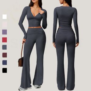 Long Sleeve V Neck 2-Piece Yoga <b>Set</b> Built-in Bra Ruched Waist Flared Pants Slim Fit Breathable Lightweight Stretchy Sportswear - Product Image 2