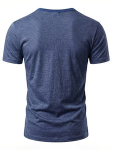 Men's V-Neck Short Sleeve Knitted Jersey T-Shirt 100% Cotton Solid Color Contrast Trim Slim Fit Casual Blue Summer 200 Grams - Product Image 4