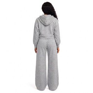 Ensemble de survêtement en coton biologique avec logo personnalisé, sweat-shirt court zippé et pantalon de survêtement large, ensemble deux pièces, vente en gros OEM - Product Image 2