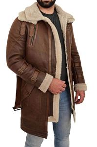Manteau long en peau de mouton véritable pour homme, style parka, 3/4 de longueur, marron - Product Image 5