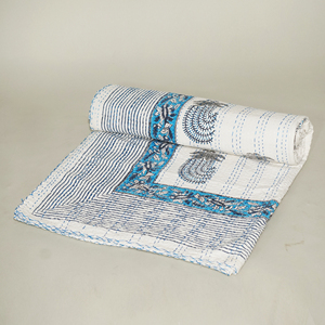 Handmade Organic Kantha Quilt Cotton <b>Bedspread</b> Reversible Lightweight Washable All Season Printed Floral Blue White for Beach - Product Image 4
