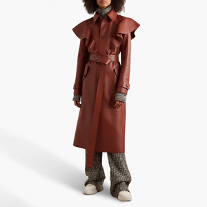 Ladies Vintage Long Coat Elegant <b>Red</b> Genuine Leather Long Trench Coat With Belt Shirt Turn-Down Collar Full Sleeve Autumn Wear - Product Image 2