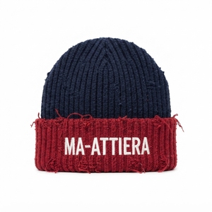 Custom <b>Navy</b> Red Rib Knit Cuffed Beanie <b>Hat</b> Winter Warm Skull Cap With Embroidered Logo - Product Image 1