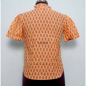 Chemisier d'été décontracté à col mandarin et manches courtes, coupe classique, imprimé floral vintage, 100 % coton lavable, touche féminine - Product Image 6