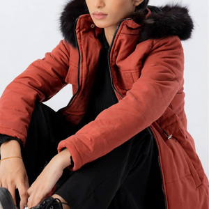 Women's Quilted Parka <b>Jacket</b> With Fur Trim Hood Zipper Closure Winter Outwear Solid Color Thick Warm Coat - Product Image 5