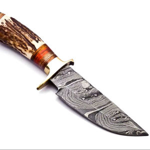 Cuchillo de hoja fija de acero de Damasco OEM con funda de cuero, EDC, Full Tang, para caza, desollado y camping, mango de cuerno de ciervo y bolster de latón - Product Image 3