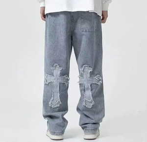 Jean cargo en denim bleu clair pour homme, coupe ample, poches, style streetwear décontracté, hip-hop, délavé - Product Image 5