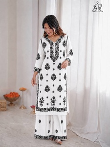 White Black Embroidered Work <b>Kurti</b> Set With Loose Fit And Knee Length Traditional Ethnic Style For Women Casual Wear - Product Image 5