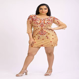 Vestido de Cóctel Mini Beige con Bordado Floral y Mangas Transparentes de Tres Cuartos |   Vestido de Fiesta Ajustado con Lentejuelas para Mujer, Ropa de Noche - Product Image 3