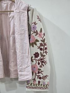 Veste en coton brodée de fleurs, col mandarin, manches longues, style Prairie Chic, faite à la main, pour femme, bleue - Product Image 3