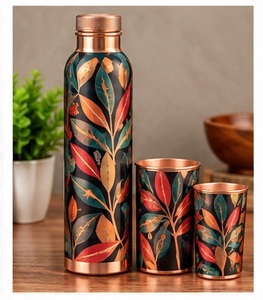 Artistic Copper <b>Water</b> <b>Bottle</b> and Cup Set with Lid Black Leaf Pattern Leak Proof <b>BPA</b> <b>Free</b> Portable Travel Drinkware - Product Image 3