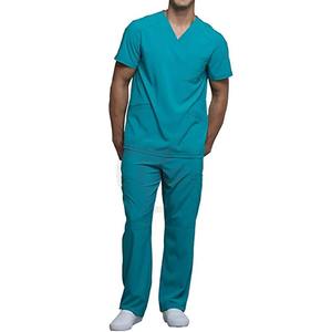 Ensemble d'uniformes médicaux pour hommes de haute qualité et confortables, bleu marine, manches courtes, tissu en spandex - Product Image 1