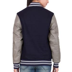 Veste universitaire unisexe bleu marine avec manches en cuir PU, coupe classique, col rabattu, fermeture éclair, vêtement décontracté d'automne - Product Image 5