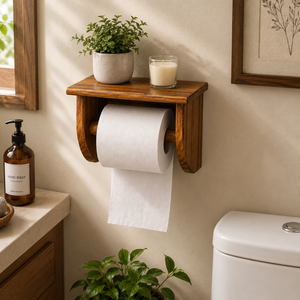 Porte-papier toilette en bois |   Porte-rouleau de papier mural |   Organisateur de salle de bain en bois massif naturel |   Porte-rouleau de papier toilette rustique - Product Image 4