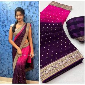 Diseñador Georgette Foil and Lace Border Work Saree con blusa sin costuras Rani - Product Image 1