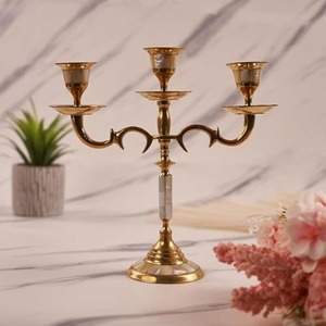 Golden Three-Arm Candelabra with Mother of Pearl Inlay Decorative <b>Candle</b> Holder for Home Decoration - Product Image 3