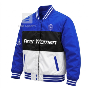 Chaqueta de carreras personalizada de la hermandad Zeta Phi Beta con logo bordado en azul y blanco, estilo racing para mujer con forro de poliéster. - Product Image 2