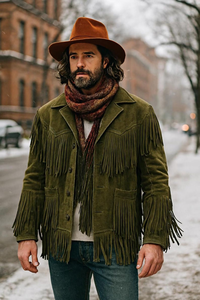 Men's Olive <b>Fringe</b> <b>Jacket</b> With Turn-down Collar Single Breasted Casual Winter Wear - Product Image 3