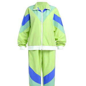 Wholesale <b>Men's</b> Lime <b>Green</b> Color Blocking Windbreaker <b>Suit</b> Set Sporty Knitted Polyester Breathable Turn-down Collar Winter Wear - Product Image 2