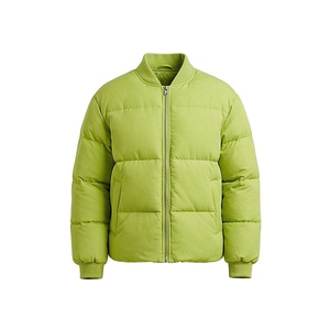 Green Bomber Jacket Full Sleeve Stand Collar Zipper Closure Winter Short Length Solid Color Polyester Wadding - Product Image 1
