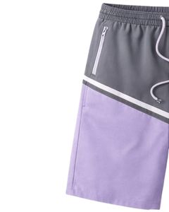 กางเกงขาสั้นผู้ชายสีเทาและสีลาเวนเดอร์แบบมีเชือกผูกเอว มีกระเป๋าซิป สวมใส่สบาย เหมาะสำหรับฤดูร้อน ชายหาด กีฬา แห้งเร็ว - Product Image 4